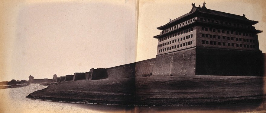 Beijing, China: large building on the city wall: north and east corner: panoramic view: section two. Photograph by Felice Beato, 1860.