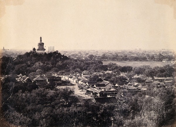 Beijing, China: the Buddhist temple surrounded by gardens and low buildings, during the Second China War. Photograph by Felice Beato, 1860.