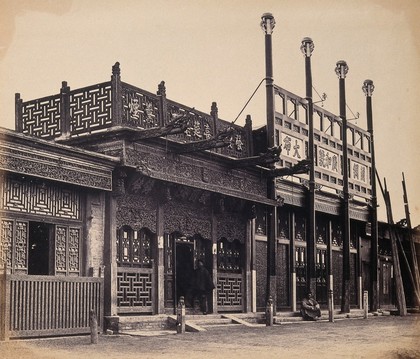 Beijing, China: an ornate shop exterior in the Tartar quarter. Photograph by Felice Beato, 1860.