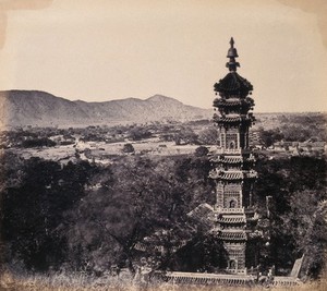 view The Imperial Summer Palace (Yuan ming yuan), Beijing, China: the pagoda. Photograph by Felice Beato, 1860.