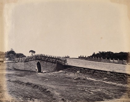 Near Beijing, China: a stone bridge (Palichiun Bridge ?): the site of a battle during the Second China War. Photograph by Felice Beato, 1860.