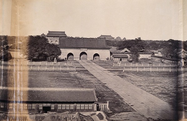 Beijing, China: buildings at the entrance to the Chinese quarter of the city (?): panoramic view: section two. Photograph by Felice Beato, 1860.