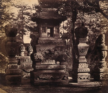 Near Beijing, China: interior of a tomb showing ornate monuments. Photograph by Felice Beato, 1860.