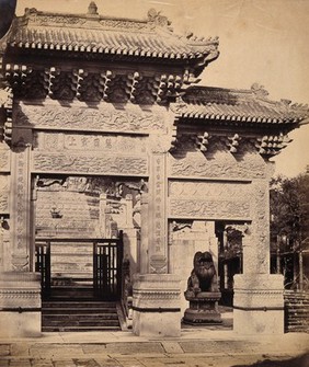 The Lama Temple, near Beijing, China: an entrance building. Photograph by Felice Beato, 1860.