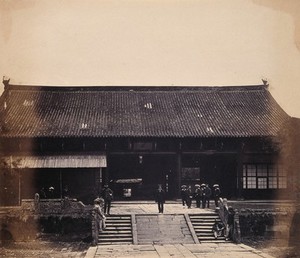 view Canton, China: the official residence (known as the 'Yamun') of the Tartar governor. Photograph by Felice Beato, 1860.