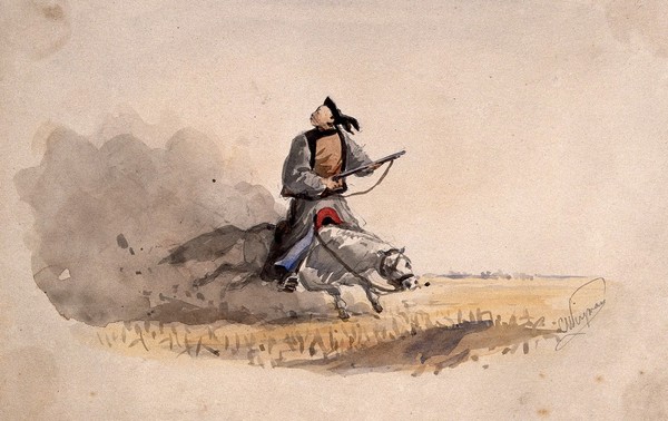 A Chinese soldier bearing a rifle, on horseback. Watercolour by C. Wirgman, ca. 1857.