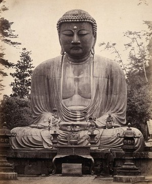 view The bronze statue of Dai-Bouts, near Kamakura, Japan. Photograph by Felice Beato, ca. 1868.