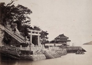 view Japan: the temple of Hatchiman, the God of War, on the banks of the Straits of Simonoseki. Photograph by Felice Beato, ca. 1868.