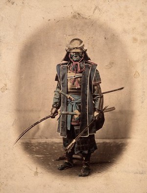 view Koboto Santaro, a Japanese military commander, wearing traditional armour. Coloured photograph by Felice Beato, ca. 1868.