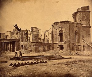 view Lucknow, India: the Lucknow Residency in ruins due to damage caused during the Indian Rebellion. Photograph by Felice Beato, ca. 1858.