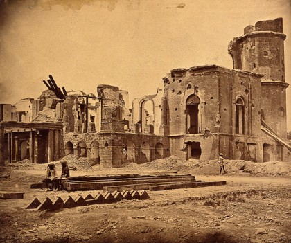 Lucknow, India: the Lucknow Residency in ruins due to damage caused during the Indian Rebellion. Photograph by Felice Beato, ca. 1858.