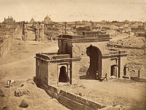 view Lucknow, India: buildings in ruins due to damage caused during the Indian Rebellion. Photograph by Felice Beato, ca. 1858.