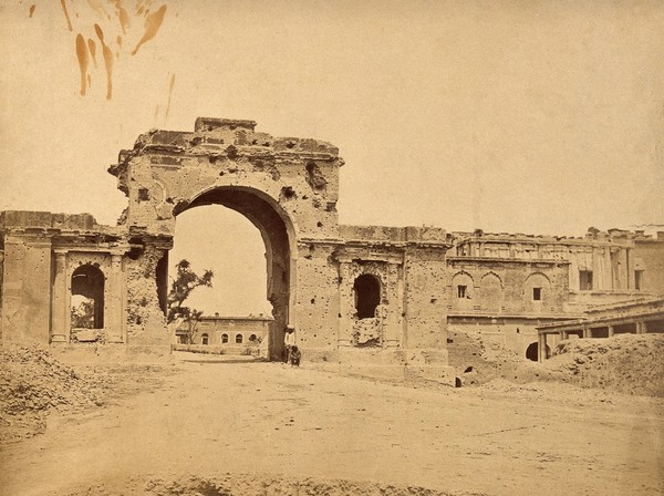 Lucknow, India: the Lucknow Residency in ruins due to damage caused during the Indian Rebellion: an entrance gate. Photograph by Felice Beato, ca. 1858.