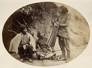 view Nepal: military men: two seated, one standing. Photograph by Clarence Comyn Taylor, ca. 1860.