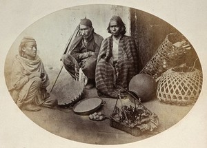 view Nepal: three Newar men selling produce, seated. Photograph by Clarence Comyn Taylor, ca. 1860.