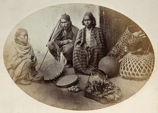 Nepal: three Newar men selling produce, seated. Photograph by Clarence Comyn Taylor, ca. 1860.