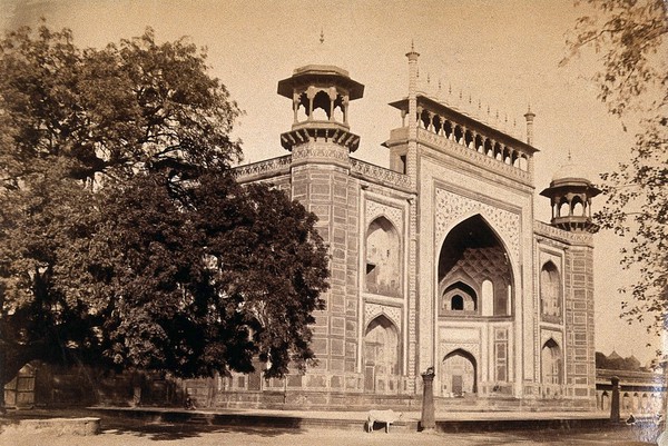 The Taj Mahal, Agra, India: entrance gate. Photograph, ca. 1900.