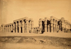 view Egypt (Luxor?): a colonnade; a man with a camel in the foreground. Photograph by A. Beato, ca. 1870.