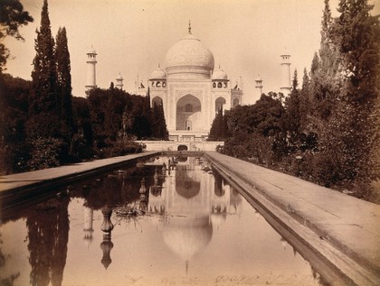 The Taj Mahal, Agra, India; its reflection in the pool in the foreground. Photograph, ca. 1900.