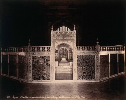 The Taj Mahal, Agra: interior: decorative marble screen enclosing the sarcophagi of Mumtaz Mahal and Shah Jehan. Photograph, ca. 1900.