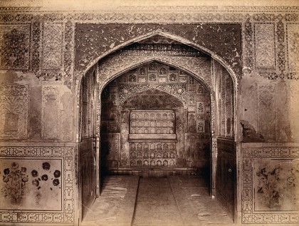 The Taj Mahal (?), Agra, India: interior: decorative tomb (?). Photograph, ca. 1900.