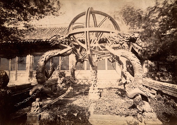 Jesuit observatory, Beijing, China: bronze astronomical instruments with decorative bronze dragons. Photograph, ca. 1860.