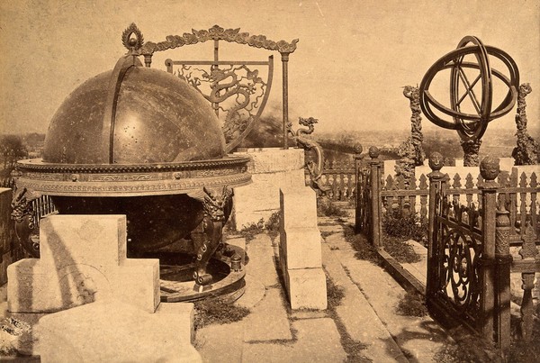 Jesuit observatory, Beijing, China: astronomical instruments on display. Photograph, ca. 1860.