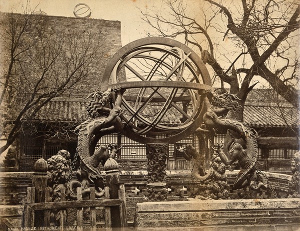 Jesuit observatory, Beijing, China: bronze astronomical instruments with decorative bronze dragons. Photograph, ca. 1860.
