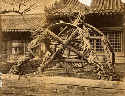 Jesuit observatory, Beijing, China: bronze astronomical instruments with decorative bronze dragons. Photograph, ca. 1860.