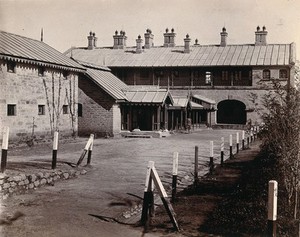 view Imperial Bacteriological Laboratory, Muktesar, Punjab, India: laboratory buildings, south aspect. Photograph, 1897.