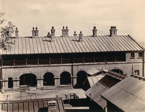 view Imperial Bacteriological Laboratory, Muktesar, Punjab, India: laboratory buildings, south aspect. Photograph, 1897.