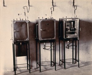 view Imperial Bacteriological Laboratory, Muktesar, Punjab, India: incubator room showing three incubators. Photograph, 1897.