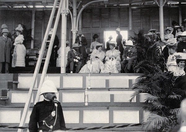 Calcutta, India: the Calcutta Races: Queen Mary (then the Princess of Wales), in the Royal Box, with company. Photograph, 1906.