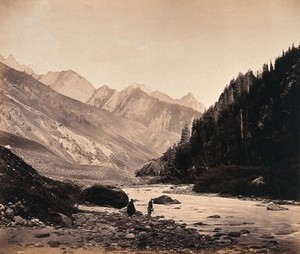 view Kashmir: the Sind river above Sonamarg, with mountains beyond. Photograph by Samuel Bourne.