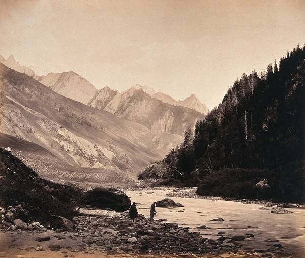 Kashmir: the Sind river above Sonamarg, with mountains beyond. Photograph by Samuel Bourne.