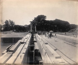 view Menufia Canal, Egypt: reconstruction work to the first Aswan Dam: newly constructed sluices. Photograph by F. Fiorillo, 1910.