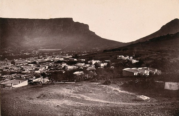 Cape Town, South Africa: part of the city with Table Mountain and Lion's Head. Woodburytype, 1888, after a photograph by Robert Harris.