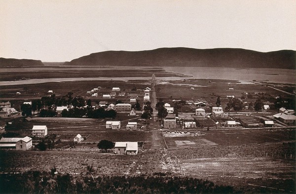 Knysna, South Africa: part of the town, sea and hills. Woodburytype, 1888, after a photograph by Robert Harris.