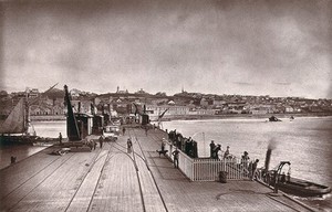 view Port Elizabeth, South Africa: jetty and part of the city. Woodburytype, 1888, after a photograph by Robert Harris.