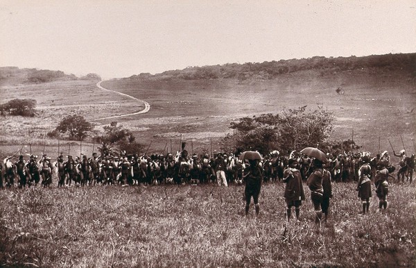 Zululand, South Africa: Africans preparing a dance. Woodburytype, 1888, after a photograph by Robert Harris.