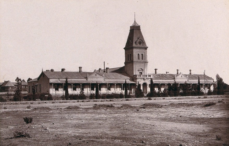 Orange Free State, South Africa: the Government buildings in Bloemfontein. Woodburytype, 1888, after a photograph by Robert Harris.