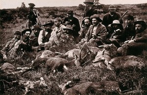 view Wycombe Vale, South Africa: a group of bushbuck hunters with their kill. Woodburytype, 1888, after a photograph by Robert Harris.