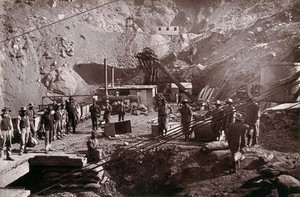 view Kimberley, South Africa: miners around the Central Company's shaft in the Kimberley mine. Woodburytype, 1888, after a photograph by Robert Harris.