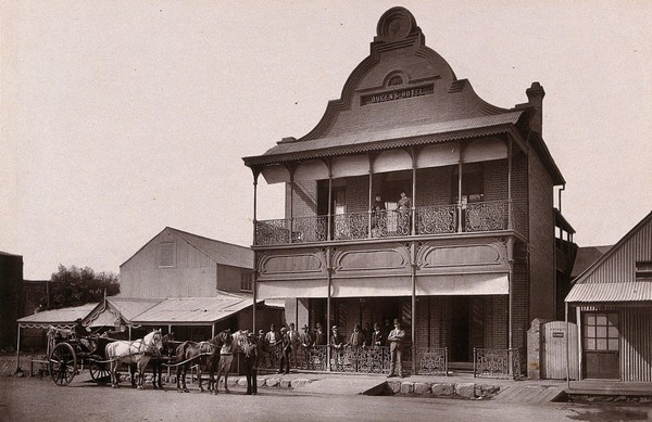 Kimberley, South Africa: the Queen's Hotel. Woodburytype, 1888, after a photograph by Robert Harris.