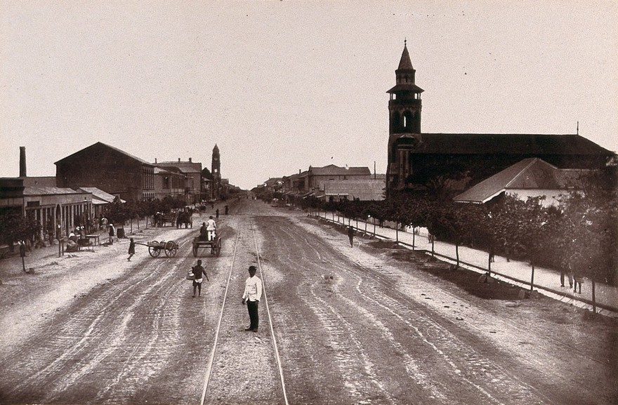 Natal, South Africa: West Street in Durban. Woodburytype, 1888, after a photograph by Robert Harris.