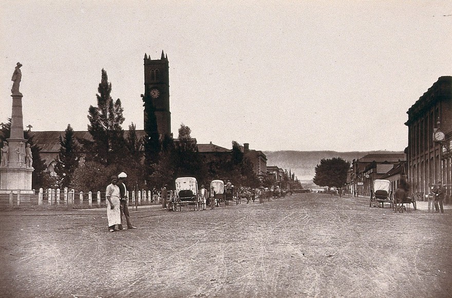 Natal, South Africa: Church Street in Pietermaritzburg. Woodburytype, 1888, after a photograph by Robert Harris.