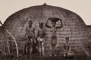 view South Africa: a Zulu family and kraal. Woodburytype, 1888, after a photograph by Robert Harris.