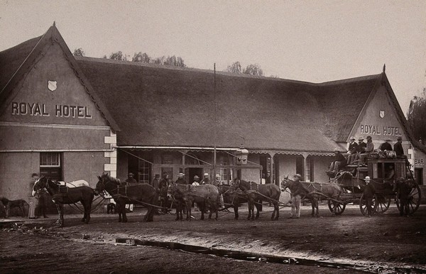 Potchefstroom, South Africa: a goldfields coach and horses at the Royal Hotel. Woodburytype, 1888, after a photograph by Robert Harris.