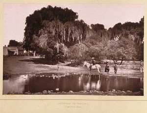 view Pretoria, South Africa: a river and the entrance to the city on Middleburg Road. Woodburytype, 1888, after a photograph by Robert Harris.