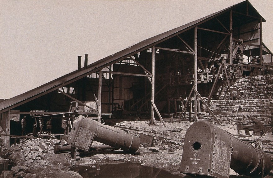 Knight's Battery, South Africa: premises of the Witwatersrand Gold Mining Company. Woodburytype, 1888, after a photograph by Robert Harris.